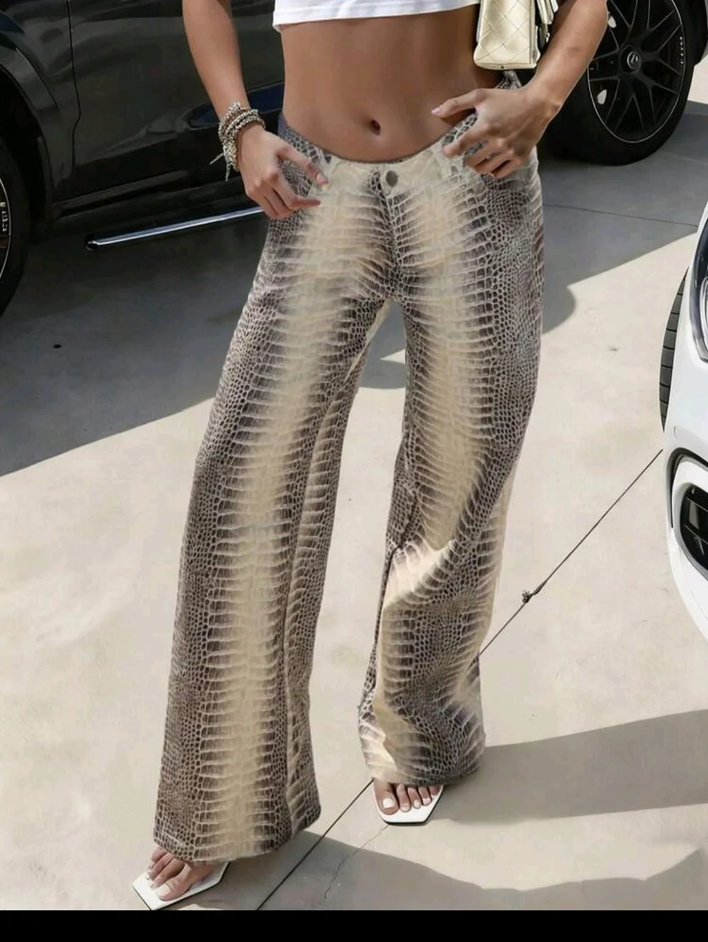 Wide Leg Snakeskin Print Pants - Beige - Picture 2 of 8